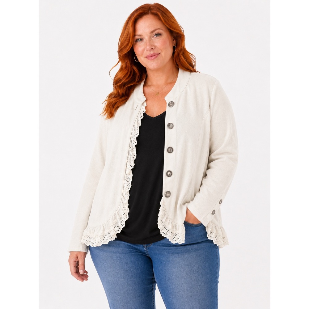Xhilaration Cream Eyelet Lace Ruffle French Terry Button Front Jacket XXL Womens - Picture 1 of 6